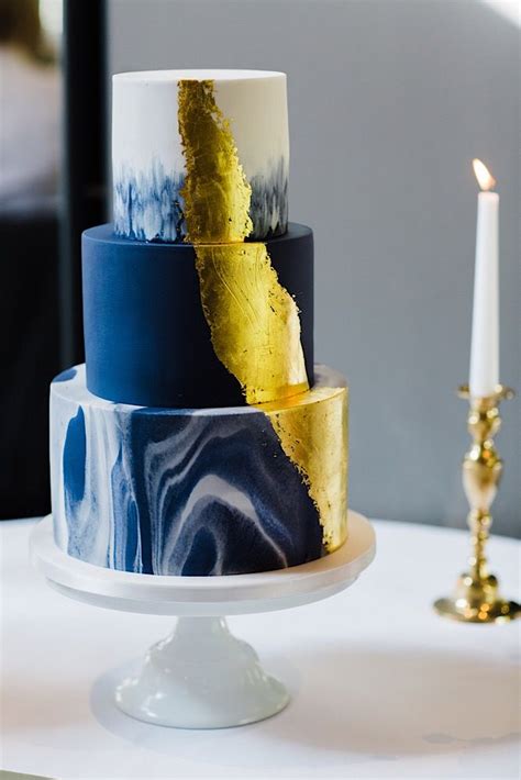 Navy Marbled Wedding Cake With Gold Leaf Detail Nottingham East Midlands Navy Blue Wedding