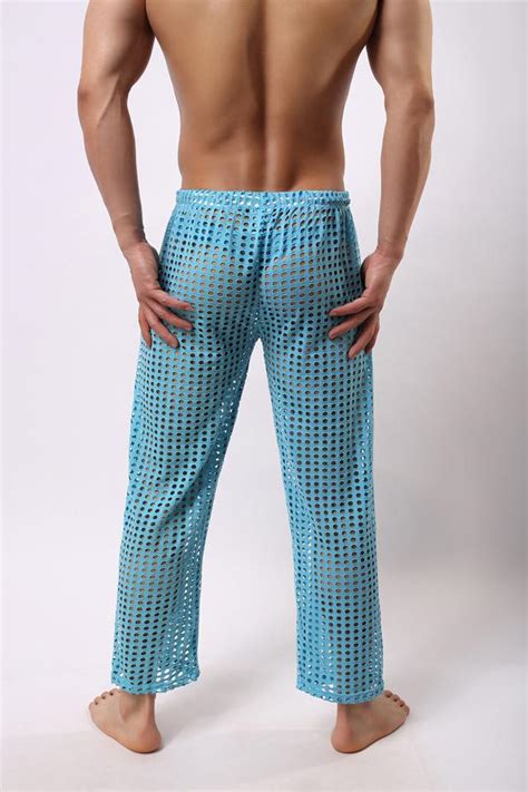 2020 Sexy Mens Pants Sleepwear See Through Big Mesh Lounge Pajama Bottoms Loose Trousers Low