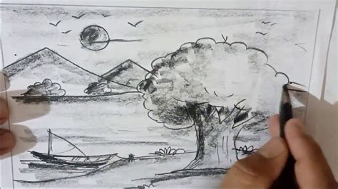 Evening Scenery Drawing With Charcoal Pencil Shading Drawing Pencil