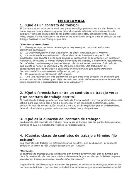 el contrato de trabajo en colombia derecho laboral instituciones sociales