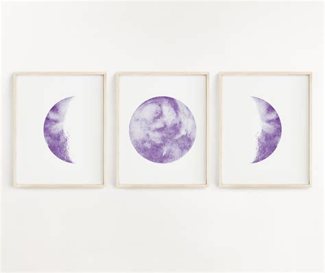Moon Phases Art Set Boho Bedroom Wall Art Purple Moon Print Etsy