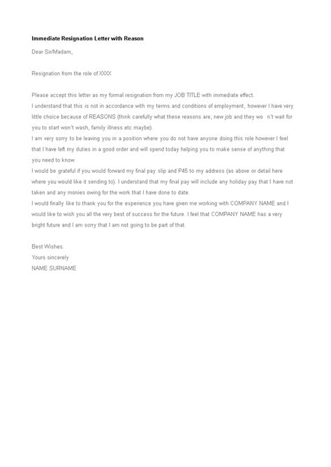 Immediate Resignation Letter With Reason Templates At