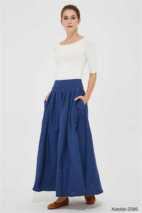 Casual Long Linen Maxi Skirt For Women Navy Skirt High Waist Long A