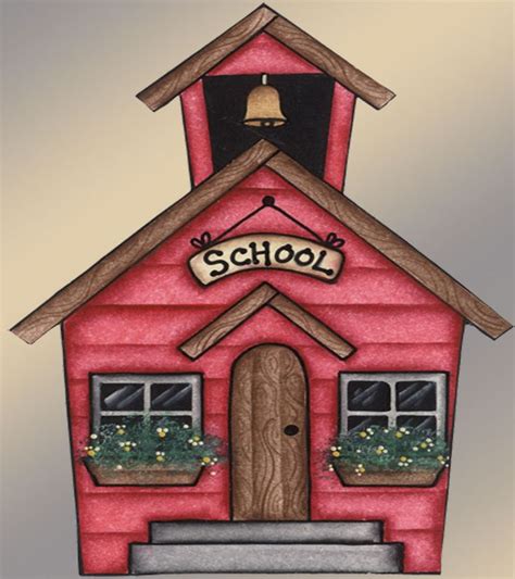 A Red School Building With Potted Plants And A Bell On The Top Of It