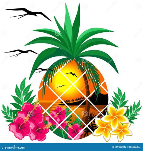 Pineapple Tropical Sunset And Flowers Stock Vector Illustration Of