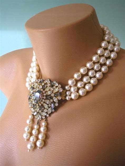 Great Gatsby Jewelry Statement Necklace Art Deco Jewelry Pearl Necklace Smoky Crystal Choker
