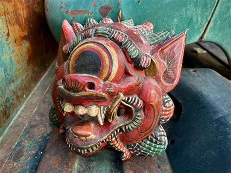 Vintage Hand Carved And Painted Balinese Wood Mask Barong Topeng