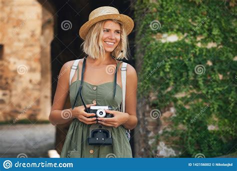 Happy Tourist Woman With Camera Smiling Girl Photographer Outdoor