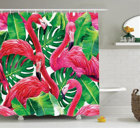 Flamingo Decor Shower Curtain Set By Elegant Flamingos Sitting On