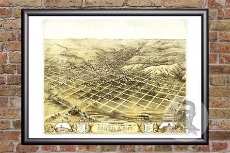 Vintage Council Bluffs Ia Map 1868 Historic Iowa Art Old Victorian