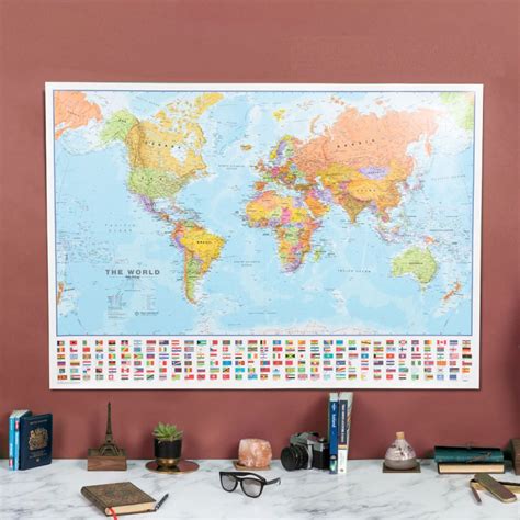 Large World Wall Map Political With Flags Laminated