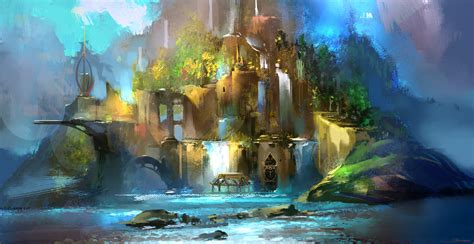 Artstation Waterfall Castle Sketch