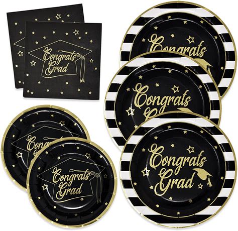 Graduation Disposable Dinnerware Set In Black And Gold Foil For 50