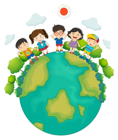 Children Standing Around The Earth Stock Vector Illustration Of Pupil