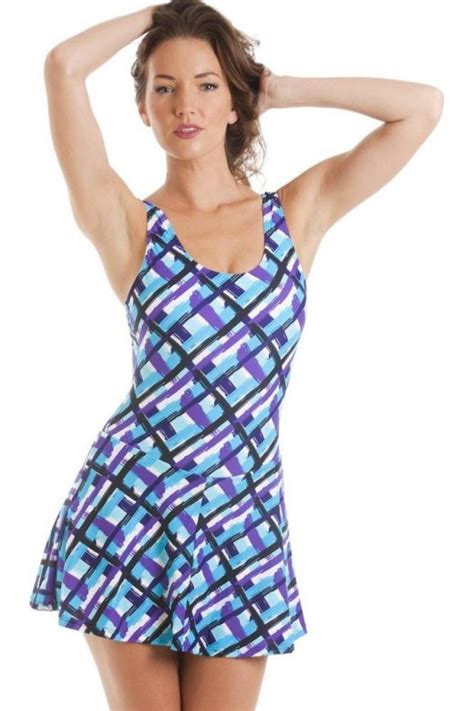 Luxury Purple And Turquoise Check Print Skirted Swimsuit