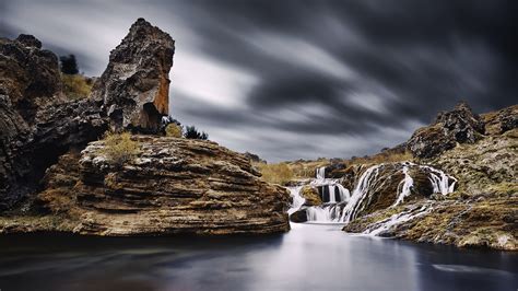 Wallpaper Nature Landscape Long Exposure Clouds Waterfall Water Rock Formation Iceland