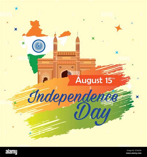 indian happy independence day celebration 15 august with gateway and map of india stock vector