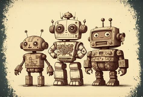 Team Of Robots Vintage Toys Ink Drawing Technology Retro Stock