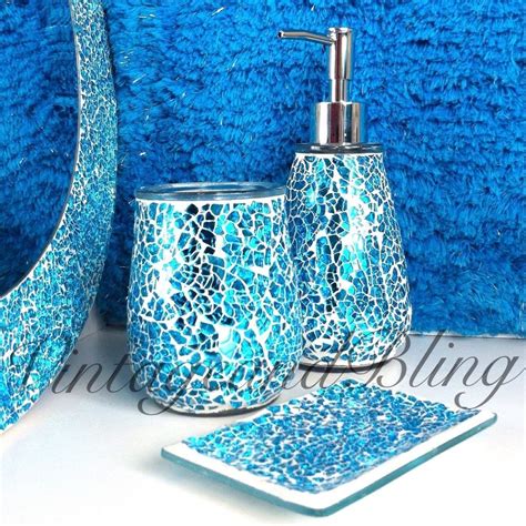 Shop bathroom accessories in patterns like ethnic motifs, floral, geometric and. Blue Crackle Glass Bathroom Accessories | Glass bathroom ...