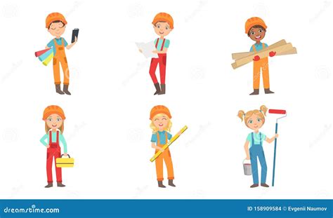 Cute Kids Construction Workers Set Boys And Girls Builders Characters