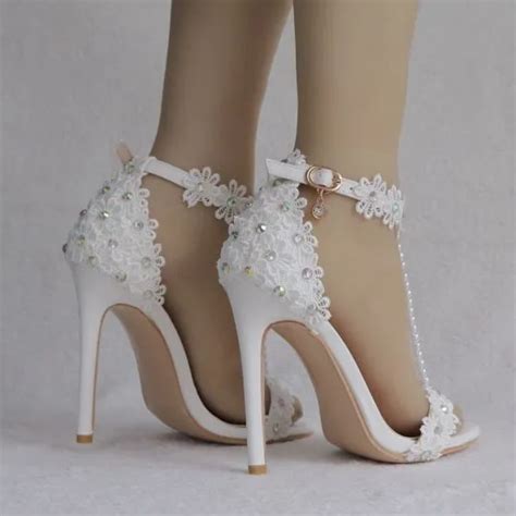 Charming White Wedding Shoes 2018 T Strap Lace Flower Pearl Rhinestone