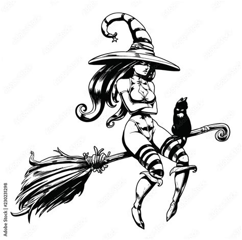 Sexy Illustration Witch Flying On Broomstick Stock Hot Sex Picture