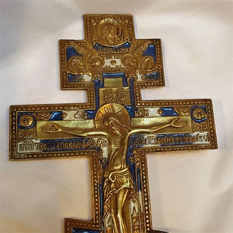 Antique Russian icon enamel cross crucifix gilt copper alloy : Green ...