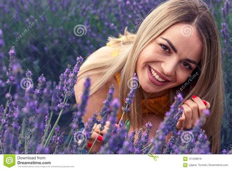 Young Smiling Woman In Lavender Field On Summer Day Stock Image Image Of Meadow Purple 121209619