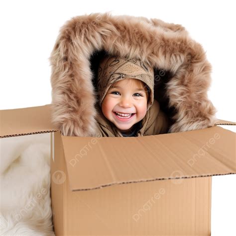 Funny Kid In Cardboard Box Child Playing At Home Christmas Holiday Copy