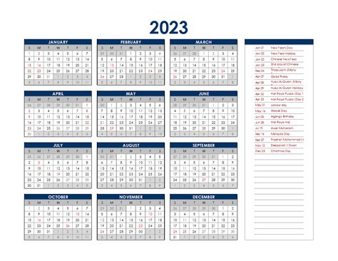 2023 Malaysia Annual Calendar With Holidays Free Printable Templates