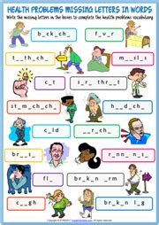 Vocabulary for common health problems, illnesses and symptoms is more easily understood and explained with the aid of images. Health Problems Missing Letters In Words Exercises Handout | แบบฝึกหัดคำศัพท์, การศึกษา ...