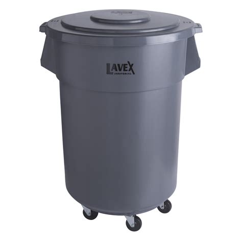 Lavex Janitorial 55 Gallon Gray Round Commercial Trash Can With Lid And