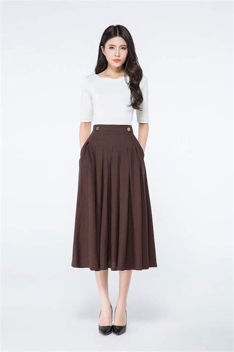 Brown Skirt Linen Skirt Womens Skirts Pleated Skirt Midi Etsy