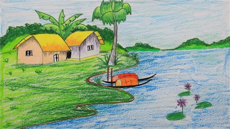 Easy Village Scenery Drawing For Kids With Oil Pastel Step By Step 111