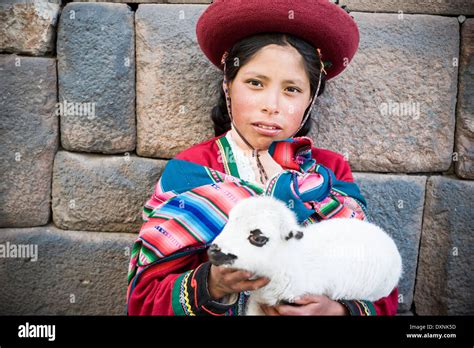 Peru Cusco Indian Girl Posing With Lamb Stock Photo Alamy