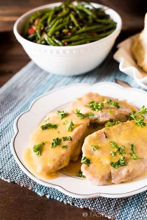 They are so tender and juicy and are topped with an amazing gravy that we love to from there, the pork loins will go into the slow cooker along with some chicken broth. Pork Chops and Gravy {Grandma's Slow Cooker Recipe w/ Chicken Gravy}