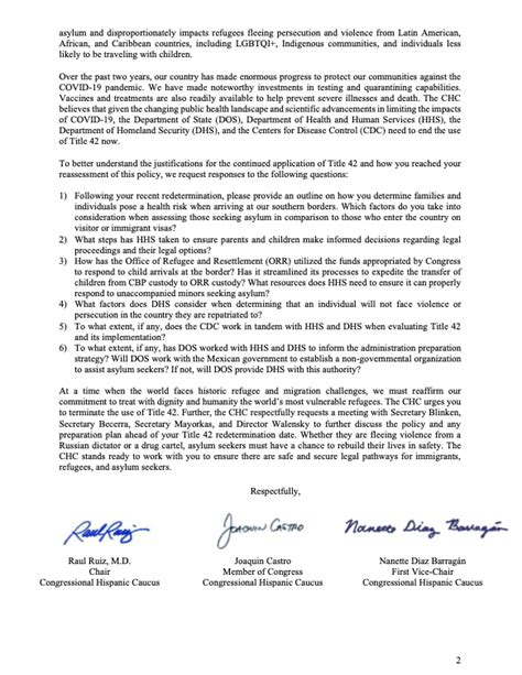 Chc Letter To Administration Officials Calling For An End To Title 42 Congressional Hispanic