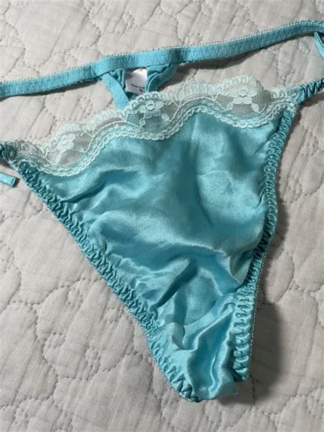 Vtg S Y K Victorias Secret Silk Satin Aqua V String Thong Panty Sz