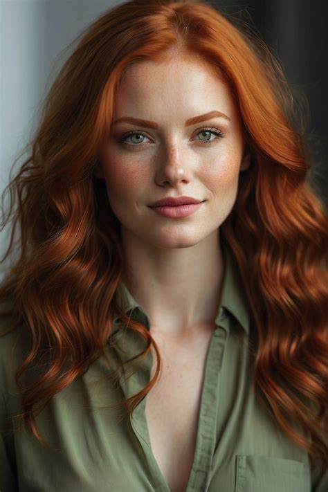 A Woman With Red Hair And Green Shirt Looking At The Camera While