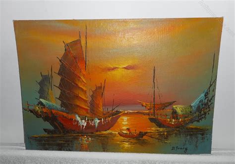 Antiques Atlas Oil Painting Of Chinese Junks At Sunset D Frary