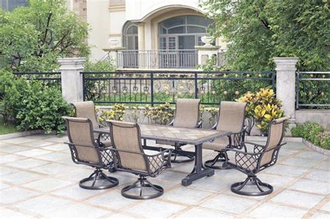 Plastic patio furniture is one of the most inexpensive options. Backyard Creations® Tacoma Collection 7-Piece Dining Patio ...
