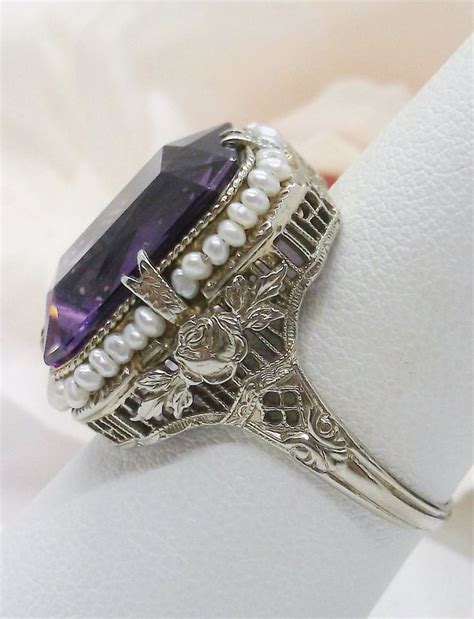 78 Natural Purple Amethyst Seed Pearl Solid 14k White Gold Antique