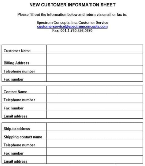 Printable New Customer Information Sheet