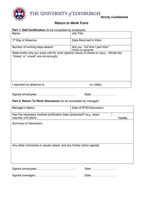 Free Return To Work Form Template Printable Templates