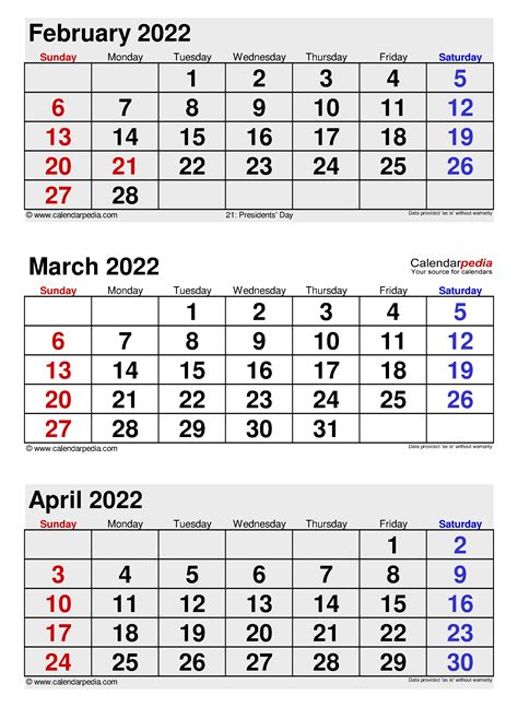 Printable 3 Month Calendar Vertical Jan Feb March 2022 January