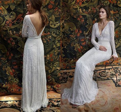 Romantic Bohemian Lace Backless Wedding Dresses V Neck Long Sleeves