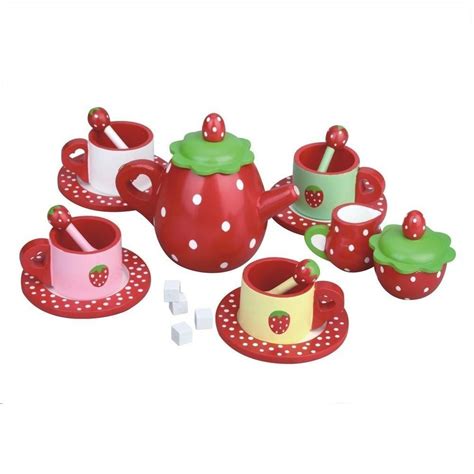 Childrens Wooden Red Polka Dot Strawberry Tea Set Kids Tea Set