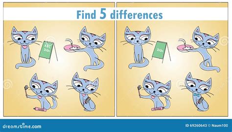 Four Cute Cats Children S Game Find 5 Differences Stock Vector