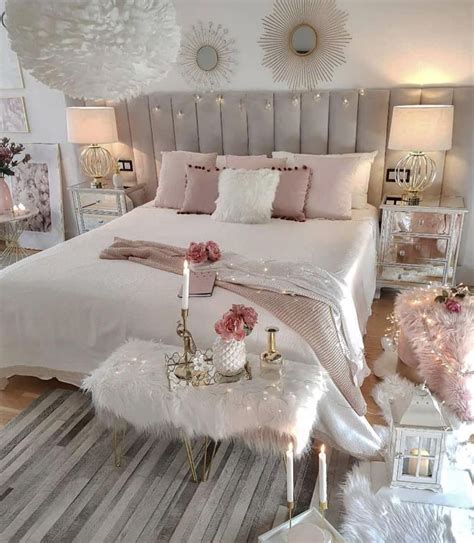 Cozy Romantic Bedroom Decor With Wide Channel Tufted Bed And Pink