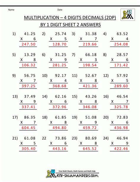 5th Grade Worksheet Multiplying Decimals